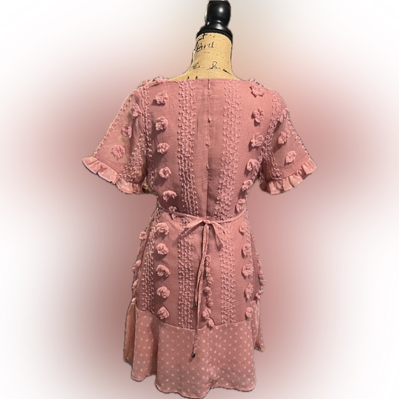 NWT Andree by Unit Ruffle Dress Size M Rose Chenille Swiss Dot Sexy Lined Belted - Picture 4 of 15